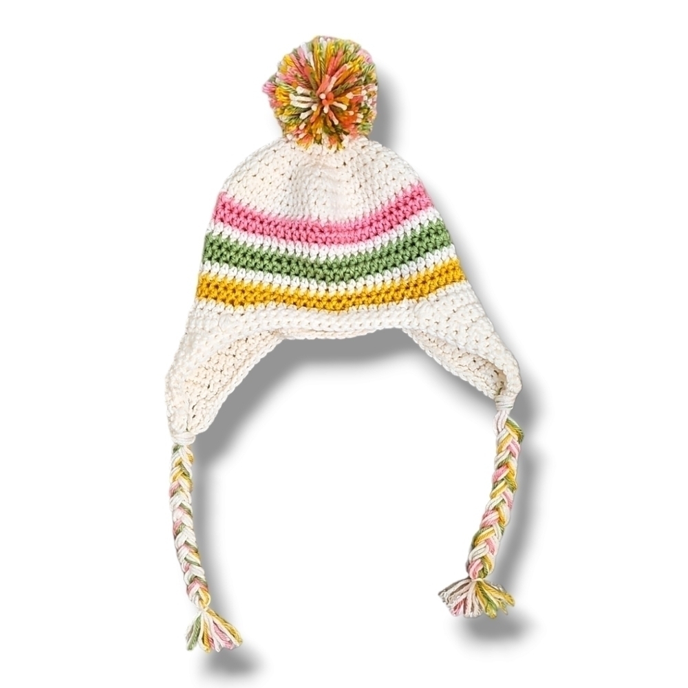 Handmade Cream, Pink, Green, & Yellow Knitted Braided Tassel Winter Hat-Size OS